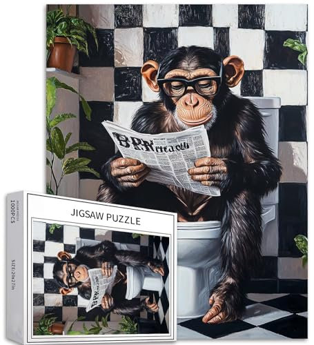 Affe sitzt auf Toilette, 1000-teiliges Puzzle für Erwachsene, Affenliest, Zeitung, Kunst-Puzzle, bunte DIY-Puzzles für Heimdekoration, Geschenke, Familienpuzzle, perfekt für Spieleabende, 50,8 x 68,9