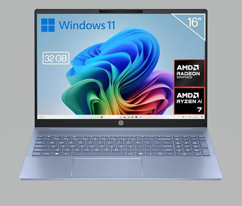 HP OmniBook 5 16 - Ordenador portátil de 16 2K AMD Ryzen AI 7 350, 32GB RAM, 1TB SSD, AMD Radeon 860M, Windows 11 Azul - Teclado QWERTY Español