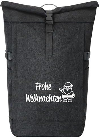 Huuraa Kurierrucksack Frohe Weihnachten Weihnachtsmann 30-44 Liter Black Melange Fairtrade Rolltop Rucksack Geschenkidee