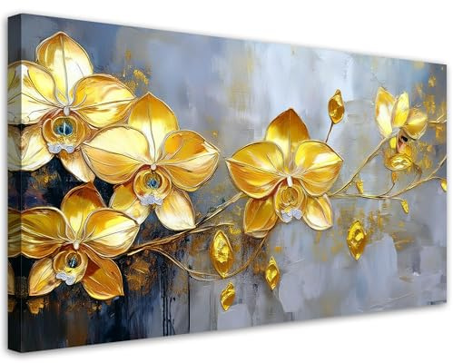 Feeby Wandbild - Wohnzimmer Modern Deko - Goldene Orchideen Glamour Blumen - 100x50 1tlg - Bilder Leinwand - Bild auf Leinwand Schlafzimmer - Leinwandbilder für die Wand - Canvas Painting - Fotokunst