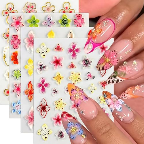 4 Sheets 3D Flower Nail Art Stickers, Vibrant Multi-Color Embossed Floral Decals, Self-Adhesive Nail Supplies for DIY Manicure Pedicure, Elegant Design for Women Girls, Nail Decoration