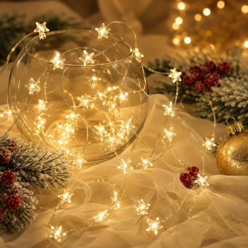 Stern Lichterkette,2M 20 LED Stern Draht Lichterkette,Batteriebetriebene | LED Dekolicherkette,für Valentinstag Weihnachten Hochzeit Geburtstag Holiday Party Schlafzimmer Indoor Outdoor