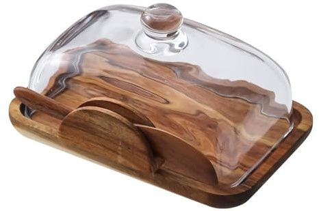 Wooden Butter Dish with Glass Lid - Acacia Wood Butter Dish with Clear Dome, Classic Vintage Wedding Cake Tray, Multi-Purpose Snack Display Plate, Wooden Construction for Serving and Baking