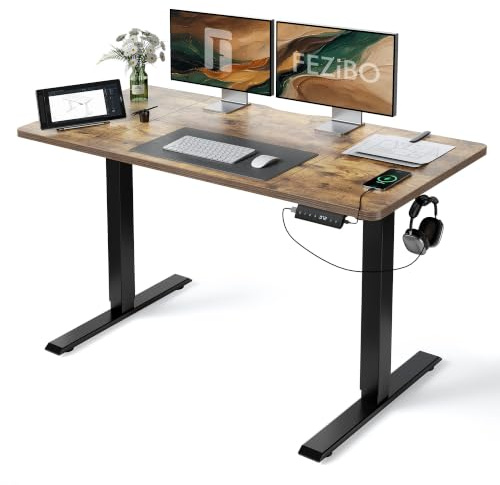 FEZIBO Bureau Assis Debout avec Ports de Charge USB-C&USB-A 140×70 cm | Bureau Électrique Réglable en Hauteur 72-118cm, Charge 80kg, 3 Mémoires, Anti-Collision, Standing Desk, Marron