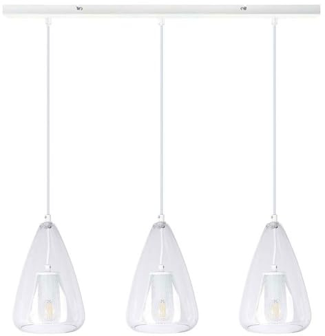 Pendant Lamp 3-Bulb Dining Table Light Glass Clear Pendant Light Metal White Living Room Lamp Metal 3x E14 L x H 75 x 150 cm