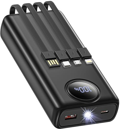 20000mAh Power Bank with Built in Cables 22.5W PowerBank Fast Charging Bank | with LED Display for Travel Camping, Portable Charger USB C Power Bank with Flashlight for iPhone 17 16 15 14/iPad/Samsung