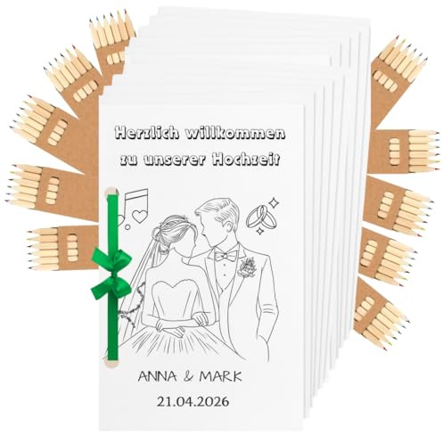 Personalisiertes Hochzeit Gastgeschenk 10er Set Mal- & Aktivitätsbuch | Individuell mit Namen & Datum, Schleife in Wunschfarbe, Inkl. Buntstifte, Einzigartige Hochzeitsdeko, Erinnerung für Gäste