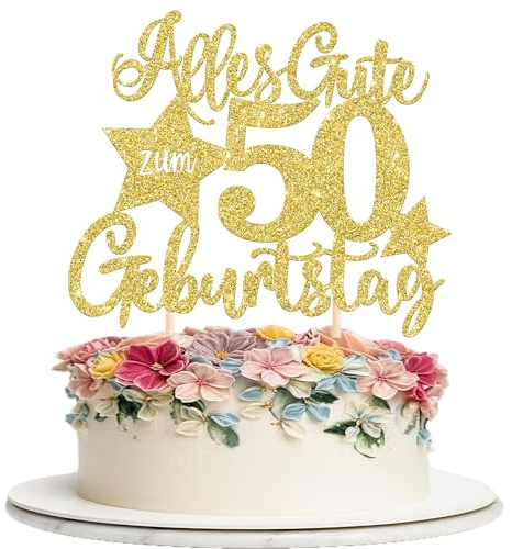 1 Stück 50th Geburtstag Tortendeko Alles Gute zum 50 Geburtstag Kuchen Deko Happy Birthday Cake Topper für 50th Jahrestag Party Kuchen Dekoration Gold