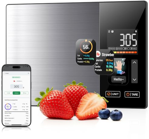 Intelligente Lebensmittelwaage mit Kalorienzählung, Lebensmittelwaage mit kostenloser App und Bluetooth, verfolgt 23 Nährstoffe, Dual-Display mit Nährwertinformationen, Offline-Modus – für