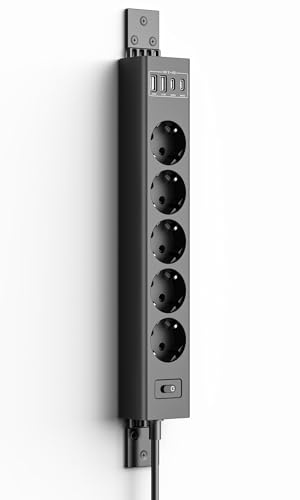 Inhwatek Steckdosenleiste Wandmontage, 360° Montierbar Mehrfachsteckdose mit Überspannungsschutz, 2USB-C (PD20W)+2USB-A(QC3.0 18W), 5 Fach Steckdosenleiste 2M für Wand, Ecke und Untertisch