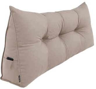 POKAR Cojín de Respaldo 120x50x20 cm | Almohada de Lectura para Cama y Sofá | Cojín en Cuña con Apoyo para Espalda | Cojín Lumbar con Bolsillos Laterales Prácticos | Certificado Öko Tex | Beige