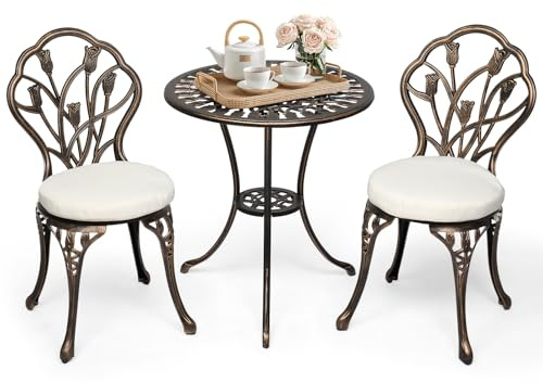 Bonnlo Set Bistrot in Lega di Alluminio, Set Tavolo e 2 Sedie da Giardino con 2 Cuscini in Spugna, Piedini Regolabili e Foro per Ombrellone, Tavolino e Sedie per Patio, Esterno e Balcone