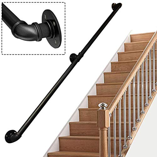 LWJSOCP Kit corrimano per Scale da 3 Metri - Tubo zincato Nero, Diametro 3,2 cm. Ringhiera in Ferro battuto Resistente per corridoi e passaggi. Supporto per pareti. Facile Installazione.