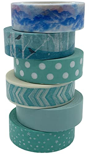UOOOM 6 Rollen 10m x 15mm Blau Washi Tape Set Masking Tape Deko Klebeband bunte Klebebänder DIY Scrapbooking Handwerk Basteln Dekoration (OW-9024)