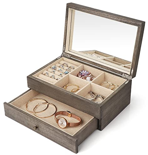 Minggoo Jewelry Organizer Box Two-Layer Jewelry case for Women, Wood Display Case with Mirror&Ring Tray, Vintage Style Weathered Grey