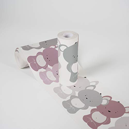 A.S. Création selbstklebende Bordüre - Papierbordüre mit kinderfreundlichen Motiven in Rosa, Grau und Weiß - auf 5,00 m x 0,15 m je Rolle