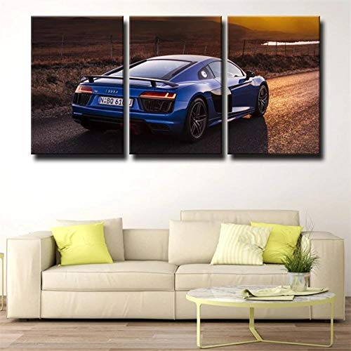 IOIP 150x70cm Bilder 3 teiliges Leinwandbild Autokunst Audi R8 V10 Blau Home 3 Teilig Leinwandbilder Bild auf Vlies Wandbild Kunstdruck Wohnzimmer Wanddekoration Art