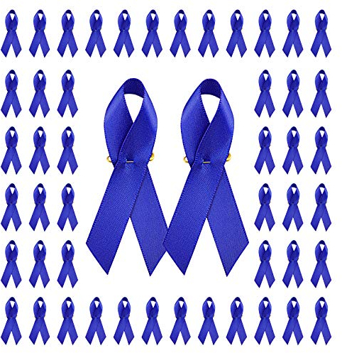 WANDIC Lot 100 Broches en Forme de Rubans en Satin avec épingles à nourrice - pour Sensibilisation au Cancer du côlon de la Prostate - 7,5 x 4 cm - Bleu