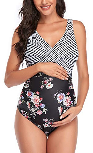 SUMMERSUNSHINE Umstands-Badeanzug, Einteiler, Bademode, vorne gekreuzt, Schwangerschaft, Badeanzug, Umstands-Bikini, Schwarzes Blumenmuster, XXL