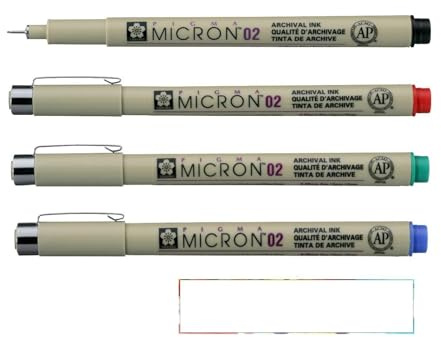 Sakura Pigma Micron 02 (0,3 mm), 4 Farben, Rot, Grün, Blau, Schwarz. Hergestellt in Japan (Import)