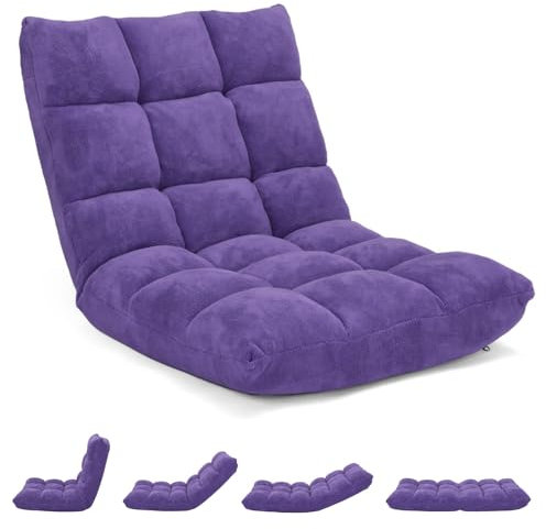 GOPLUS Chaise de Sol Pliante, Fauteuil Convertible Réglable à 14 Niveaux, Fauteuil Paresseux avec Velours Corail Confortable, Chaise de Méditation Rembourré, 105 x 56 x 15CM (Violet)