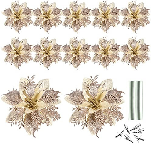 TOYANDONA 12Pcs Di Natale di Scintillio Poinsettia Fiori Artificiali Fiori Artificiali Fiori Di Natale con Stelo E Clip per Glitter Albero Di Anno Ornamenti