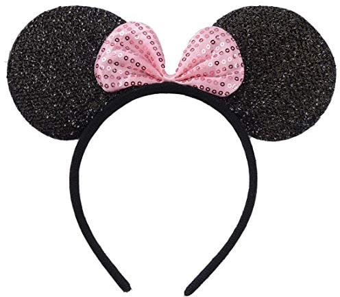 Inception Pro infinite Cerchietto orecchie topolina - Minnie - Con paillettes - Carnevale - Halloween - Colore Nero Fiocco Rosa - - Donna