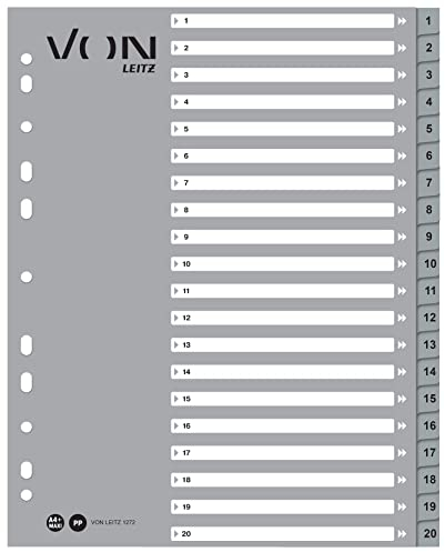 VON Leitz 10er Pack Zahlen-Register A4, 1-20 nummerierte Trennblätter für Ordner, PP, Extra breit, 11-Loch-Universalregister für Schnellhefter & Ringbücher, Grau, 12720085