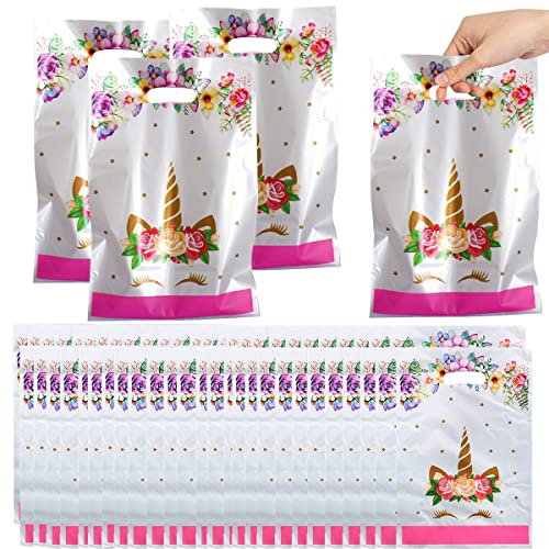 50 Stück Unicorn Geschenktüten, Partytüten, Tüten Mitgebsel Kindergeburtstag, Plastik Klein Geschenk Candybar Tüten zum Verpacken von Geschenken, Mitgebsel, Party, usw, 25 x 16 cm