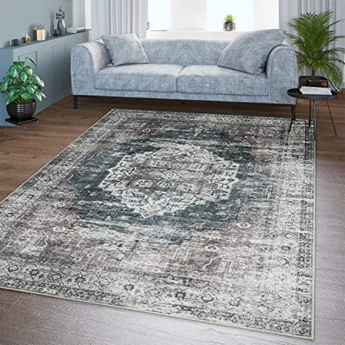 TT Home Wohnzimmer Teppich Flachgewebe Marokkanisch Design Used Look Ornamente Waschbar, Farbe:Grau, Größe:140x200 cm