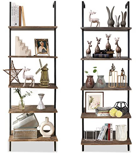 aboxoo Ladder Shelf 2PCS Open Bookshelf 5-Tier Wall-Mounted Wood Bookcase Rack Open Back Industrial Modern Plant Flower Stand Utility OrganizerMetal Frame Furniture Office Kitchen Bedroom (Brown)