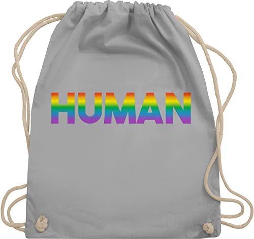 Turnbeutel Rucksack - LGBTQ Kleidung Pride Flag - Human - Regenbogen - Schriftzug - Unisize - Hellgrau - tasche stoff lgbt stoffbeutel lgbtqia stofftasche csd beutel gay baumwolle queer baumwoll
