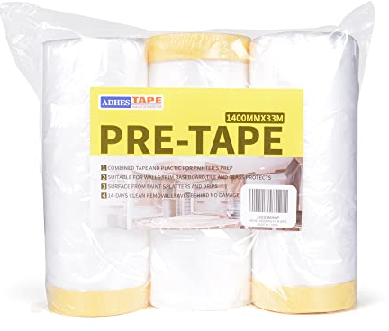 ADHES Película de enmascaramiento, Cubierta con cinta pintor,Cover Film,Película Protección para Pintura Automotriz coche, piso, máquina, 1400mm x33m (5eet x 36yard), 3 rollos
