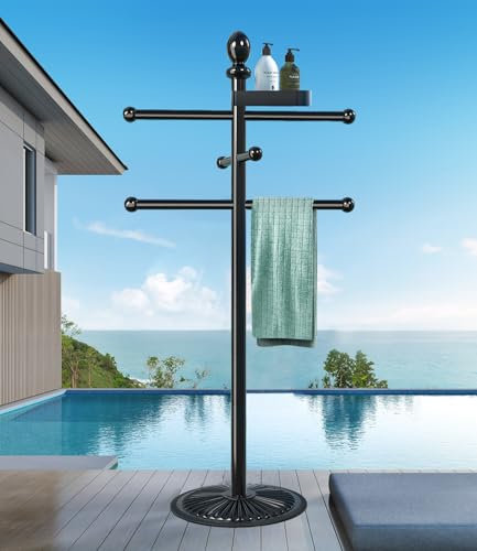 Pool-Handtuchhalter für den Außenbereich, 6 Stangen, Metall, robust, nie kippbar, Poolzubehör mit Schwermetallbasis, Whirlpool-Zubehör, Handtuchständer für Pool, Spa (inkl. oberer Ablage)