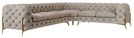 S-Style Möbel Milton Ecksofa 6-Personen Eckcouch Rechts Chesterfield-Ecksofa Sofa Wohnzimmer Lounge Couch mit verchromten Füßen Möbel Freistehende Polster Sofas & Couches Dunkle Creme 323x73x262cm