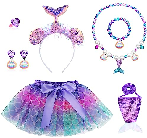 OPUHOHR 7 Pcs Meerjungfrau Schmuck Kostüm Set, Mädchen Schmuckset mit Pailletten Geldbörse Meerjungfrau,Halsketten,Ohrringe,Armbänder,Ringe,stirnband und Tutu-Rock, Geschenke für Mädchen