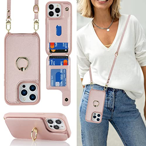 Ｈａｖａｙａ für iPhone 14 Pro Hülle mit Band RFID kartenfach Hülle iPhone 14 Pro mit Band Ring - Roségold