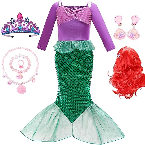 Windskids Meerjungfrau Kostüm Mädchen Ariel Prinzessin Meerjungfrau Langarm Festkleid und Perücken Zubehör für Kinder Halloween Weihnachten Karneval Geburtstag Party Cosplay Fasching Ballkleid Outfit