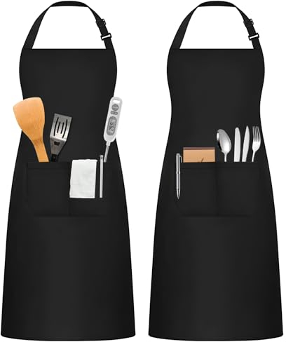 Claglamatree 2 Stücke Schürze, Schwarz Wasserdicht Küchenschürze, Verstellbare Schürze mit 2 Taschen, Kochschürze für Frauen und Männer, Grillschürz für Heimgebrauch, Restaurants, Cafés, Gärten