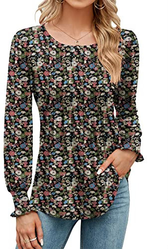 Rapbin Womens Floral Blouses Long Sleeve T Shirt Loose O Neck Tops Pleated Tunic Tops Ladies Shirts Army Green Print S