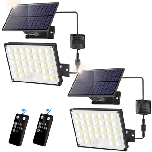 Solarlampen für Außen, Solar Strahler Solarleuchte mit Bewegungsmelder (mit Fernsteuerung), 127 Led Solar mit Bewegungsmelder 3 Modi Außenleuchte für Terrassen/Garagen 2 Stück, 5m Verlängerungskabel