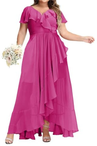 SAYNO Vestidos de dama de honor de manga corta para boda con cuello en V vestidos de fiesta formales fucsia oscuro UK18