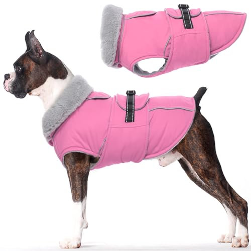 Lelepet Hundemantel Winterweste Reflektierende Fleece Hundejacke für Große Hunde Wasserdicht Hundejacke Wintermantel Warme Winterjacke mit Verstellbarer Schnalle, Rosa XL