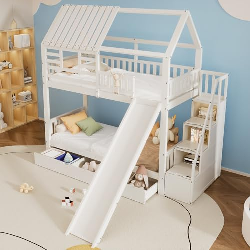 Platzsparendes Etagenbett 90x200 cm für Kinder, Hochbett Hausbett mit Stauraum Treppe und Rutsche, Kinderbett Holzbett mit Absturzsicherung und 2 Schubladen, Bettgestell aus Stabil Kiefernholz, Weiß