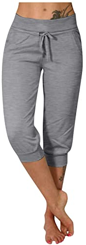 Angebote des Tages Heute,Entspannung Geschenk Für Frauen Damenmode Lässig Einfarbig Elastische Taille Kordelzug Spitze Abgeschnittene Hose Hosenanzug Damen Festlich Hochzeit Kleid(2-Grau,3XL)