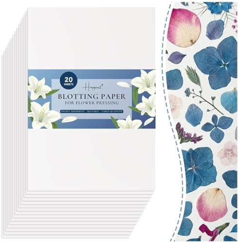 Happinit 20 Blatt A4 Größe Löschpapier für Blumenpresse, großes Löschpapier für Blumenpresse, Herbarium-Papierhandwerk, Blumenpresspapier, Arbeiten mit Blumenpress-Kit für Erwachsene (20), 20 weiße