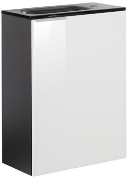 FACKELMANN Kara Gäste-WC Set 2 Teile – Waschtischunterschrank in Anthrazit mit Glasfront Weiß mit Waschbecken aus Glas in Anthrazit – SBC Waschbeckenunterschrank schmal – Tür rechts – 45 cm breit
