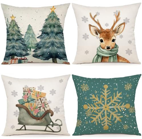 YCOLL Kissenbezug Weihnachten 40x40 4er Set Weihnachtsdeko innen Kissenbezüge Weihnachtskissen Kissenhülle für Deko Weihnachten Sofa Schlafzimmer Couch Dekokissen 40x40 cm