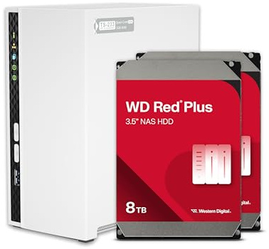 QNAP TS-233-28WD-US NAS domestico a 2 alloggiamenti con capacità di archiviazione di 8 TB, bundle HDD preconfigurato RAID 1 WD Red Plus, con porte 1GbE