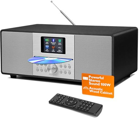 MangoKit MS4 CD Player DAB Radio Hifi Sistema I Bluetooth I Potente Sistema Stereo I Digital Radio Dab+I Acustic Wood Mabiet I CD Player con 40 Preset, Jack per Cuffie,Metallico Nero